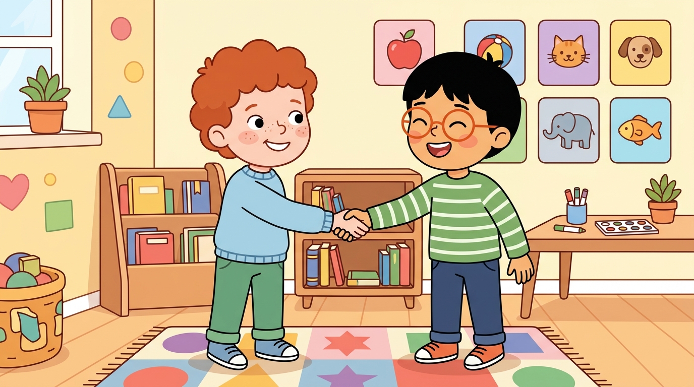 Two children shaking hands and smiling in a classroom corner with animal and object posters on the wall